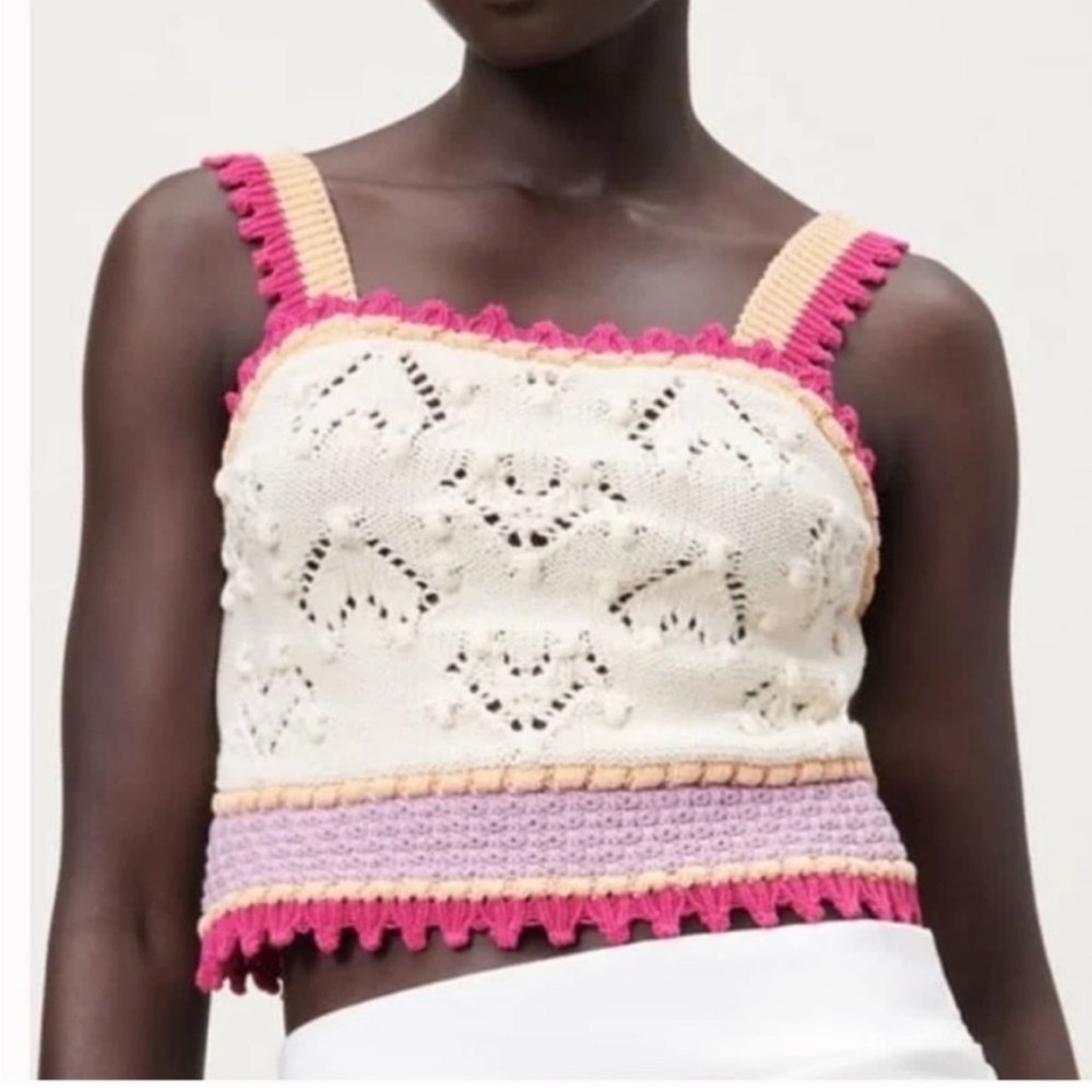 ZARA Crochet Knit Cream and Pink Crop Top